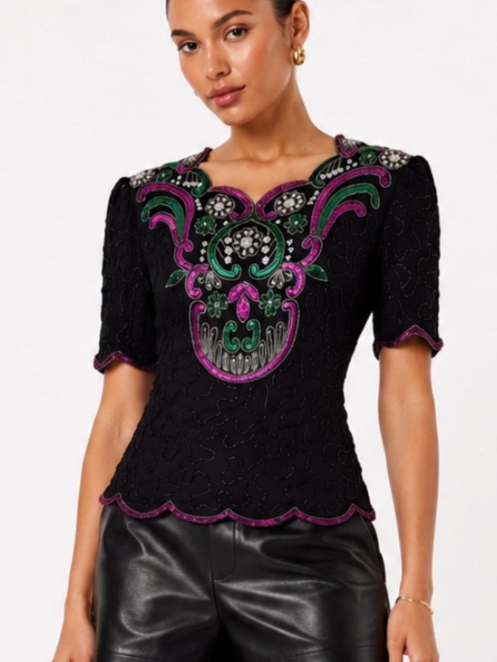VINTAGE 90's  Embellished Silk Black Beaded Top - Pink & Green Accents